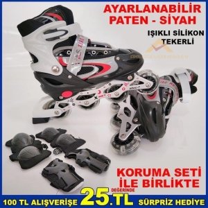 Işıklı Silikon Tekerli l-39-42 Ayarlanabilir Siyah Paten Set