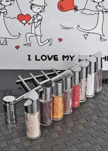 8li Set Askılı Cam Baharatlık Ultra Lüx Kromajlı Duvara Monteli Krom Çubuk Taşıyıcı Başlıklar Mevcut