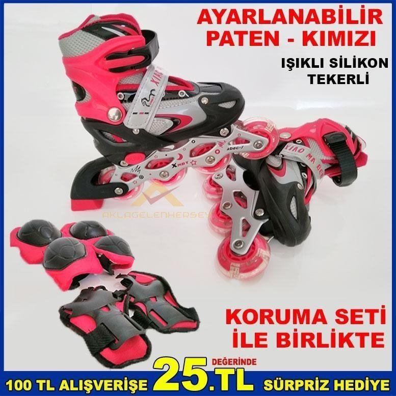 Işıklı Silikon Tekerli s-31-34 Arası Ayarlanabilir Kırmızı Paten