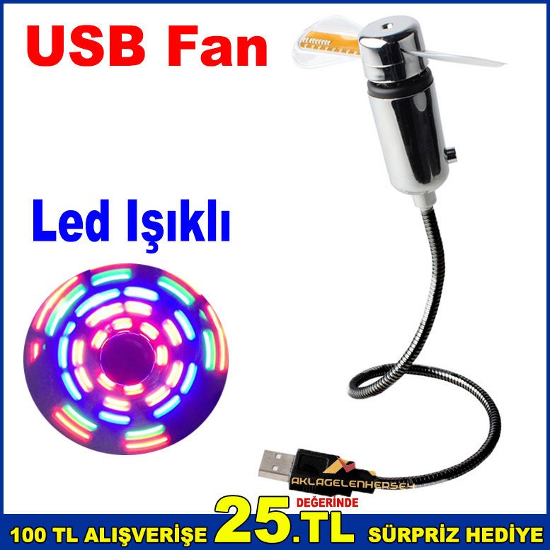 Usb Vantilatör Led Işıklı Serinletici Fan 29cm Kablo Uzunluğu Aç-Kapa Düğmeli USB Vantilatör
