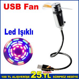 Usb Vantilatör Led Işıklı Serinletici Fan 29cm Kablo Uzunluğu Aç-Kapa Düğmeli USB Vantilatör