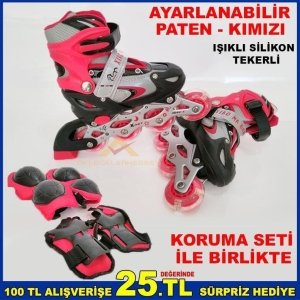 Işıklı Silikon Tekerli l-39-42 Arası Ayarlanabilir Kırmızı Paten