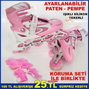 Işıklı Silikon Tekerli s-31-34 Ayarlanabilir Pembe Paten Set