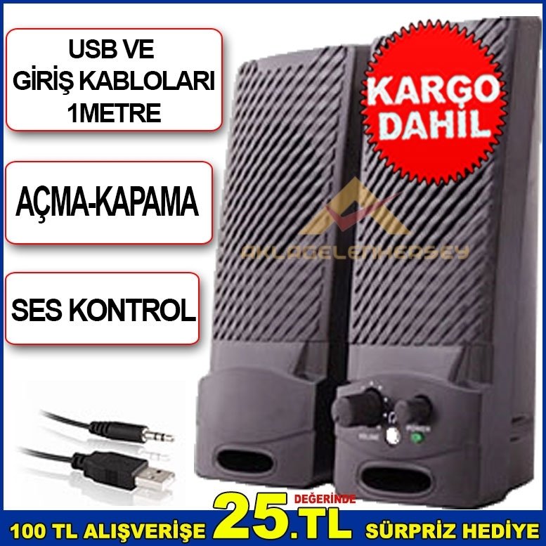 SES KONTROLLÜ USB VE GİRİŞ KABLOSU 1m MULTİMEDYA HOPARLÖR SETİ