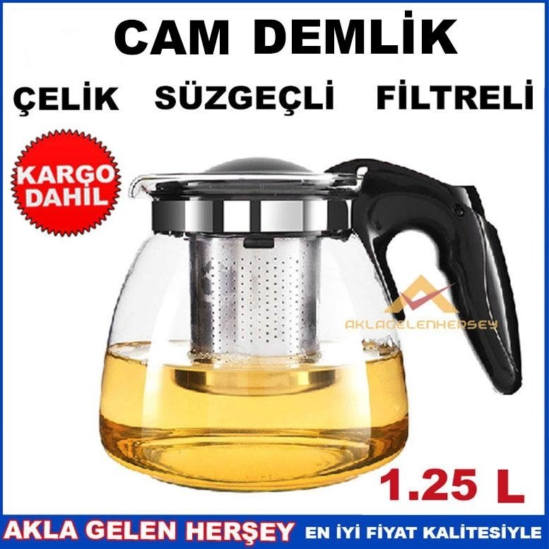 Ücretsiz Kargo FİLTRELİ ÇELİK SÜZGEÇLİ BÜYÜK BOY CAM DEMLİK KD