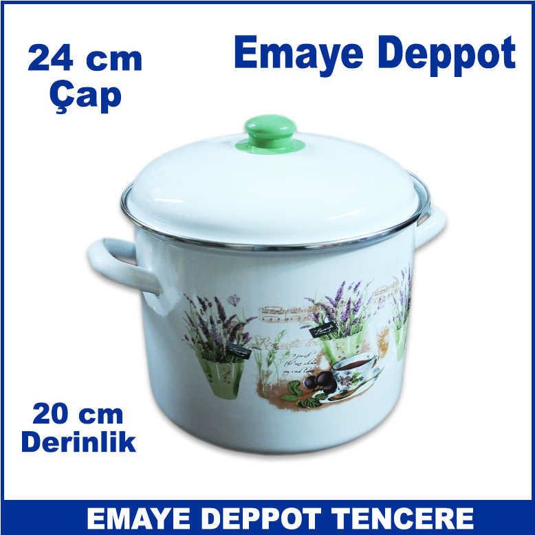 Emaye Deppot Tencere 24 cm Desenli Emaye Beyaz Derin Emaye Tencere
