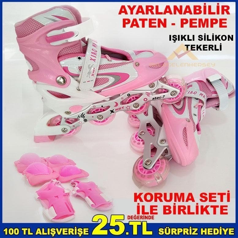 Işıklı Silikon Tekerli l-39-42 Ayarlanabilir Pembe Paten Set