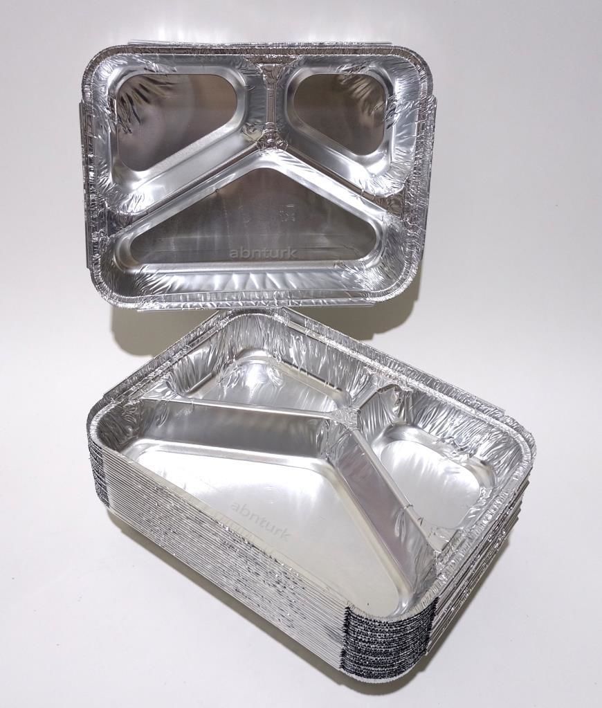 50 adet KullanAt 23x18cm 3 Gözlü Dikdörtgen Alüminyum Folyo Kap Ocakta Isıtma+Fırın Ateşe Dayanır