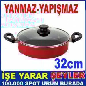 Cam Kapaklı 32cm Yanmaz Yapışmaz Büyük Boy Teflon Karnıyarık Pilav Tenceresi Büyük Boy Basık Tencere