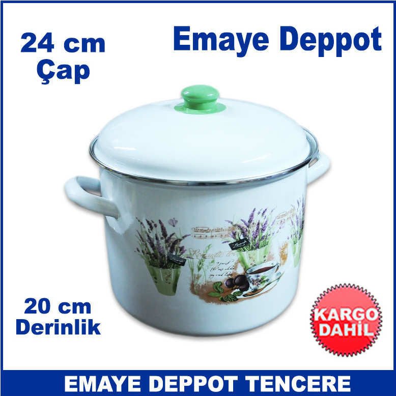 Emaye Deppot Tencere 24 cm Desenli Emaye Beyaz Derin Emaye Tencere