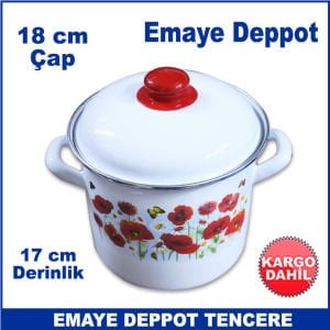 Emaye Deppot Tencere 18 cm Çapında Desenli Beyaz Emaye Tencere - Derin Emaye Tencere