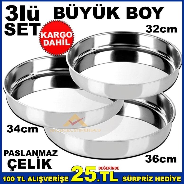 3'lü SET BÜYÜK BOY PASLANMAZ ÇELİK YUVARLAK FIRIN TEPSİ SETİ