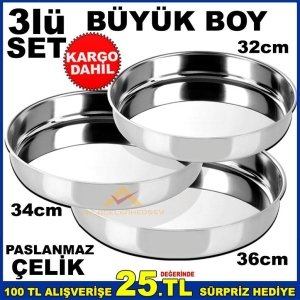 3'lü SET BÜYÜK BOY PASLANMAZ ÇELİK YUVARLAK FIRIN TEPSİ SETİ