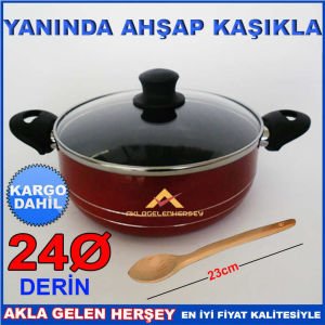 Cam kapaklı 3 kat teflon kaplama en sağlıklı tencere AHŞAP KAŞIK HEDİYELİ DERİN 24cm TEFLON TENCERE
