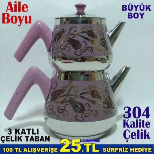 Mücevher Kalitesinde Çaydanlık Seti Akdeniz Dolphin Aile Boyu Büyük Boy Desenli Çelik Çaydanlık Seti