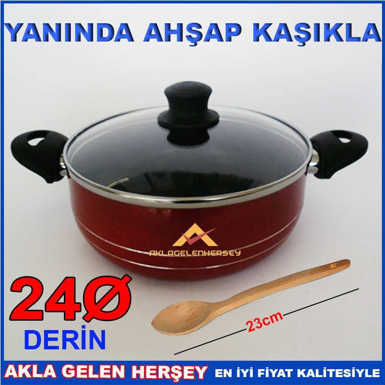 Cam kapaklı 3 kat teflon kaplama en sağlıklı tencere AHŞAP KAŞIK HEDİYELİ DERİN 24cm TEFLON TENCERE
