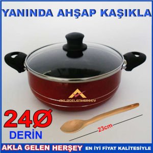 Cam kapaklı 3 kat teflon kaplama en sağlıklı tencere AHŞAP KAŞIK HEDİYELİ DERİN 24cm TEFLON TENCERE
