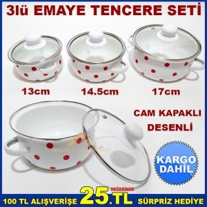 3lü PUANLI CAM KAPAKLI MİNİ EMAYE TENCERE SETİ