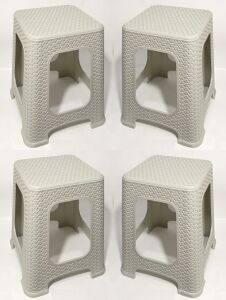 4 adet Bej Gri Hasır Örgülü Uzun Tabure 45cm Yemek Masasına Uygun Boyut Alttan Kuşaklı Sağlam Oturak