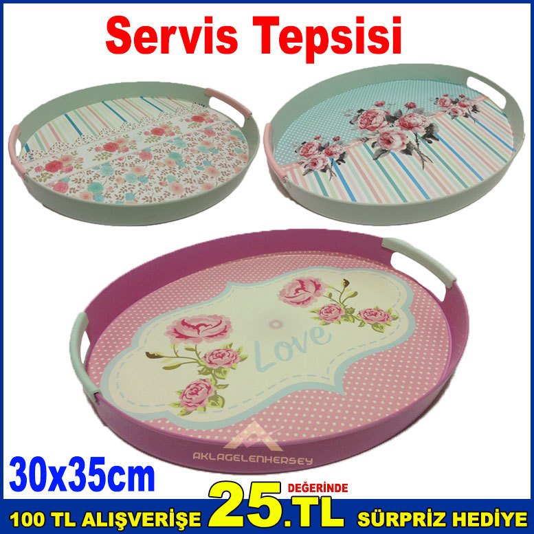 Desenli Servis Tepsisi 30x35cm Ebatında Elips Tepsi Şık Tasarım Plastik Sunum Tepsisi
