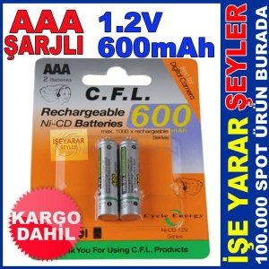 CFL 600mAh 1.2v AAA Ni-CD  ŞARJLI PİL 2 ADET KD