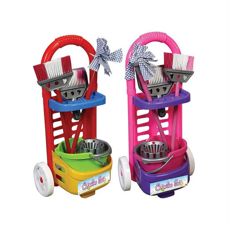 Kız çocukları için arabalı temizlik seti 7 parça oyuncak temizlik arabası vileda seti 59x28x22cm