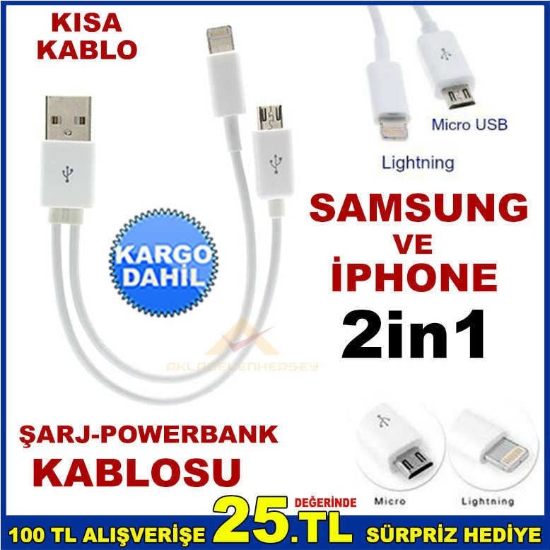 SAMSUNG İPHONE İÇİN KISA POWERBANK ŞARJ KABLOSU