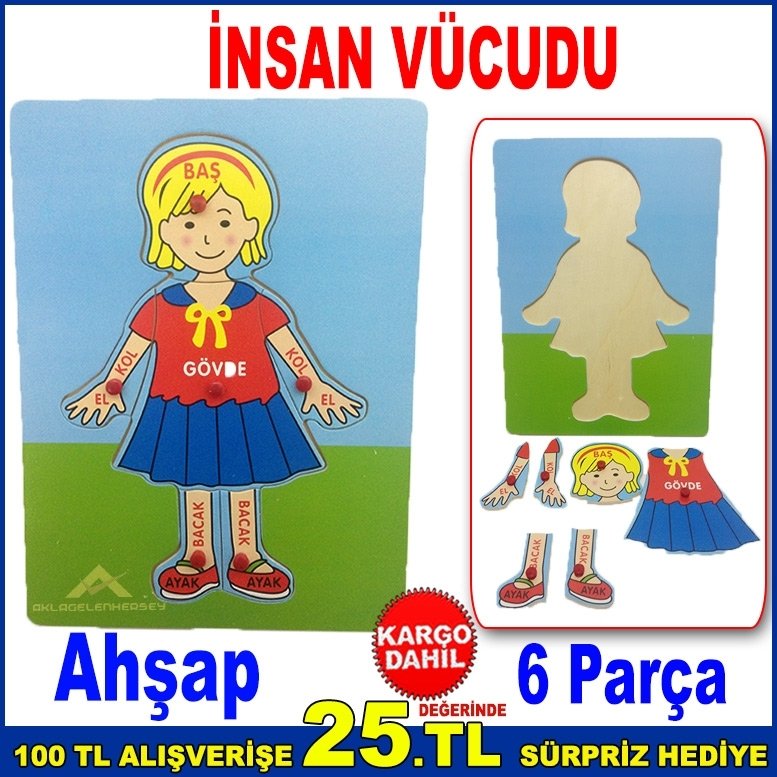 8 Parçadan Oluşan İnsan Vücudu Puzzle'ı Ahşap 22x30cm Eğitici