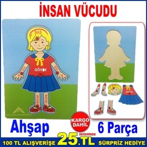 8 Parçadan Oluşan İnsan Vücudu Puzzle'ı Ahşap 22x30cm Eğitici