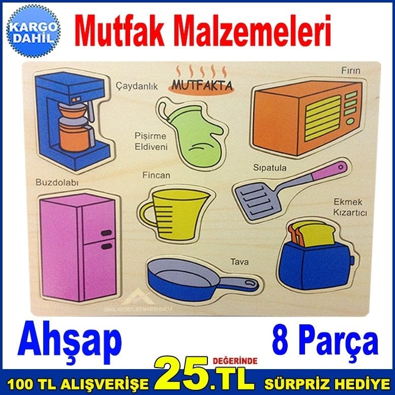 8 Parçadan Oluşan Mutfak Malzemeleri Puzzle'ı Ahşap 22x30cm