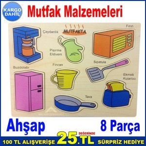 8 Parçadan Oluşan Mutfak Malzemeleri Puzzle'ı Ahşap 22x30cm
