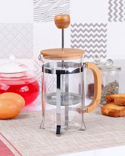 Bambu Kapaklı Cam Bitki Çayı ile Kahve Filtre French Press 600 ml