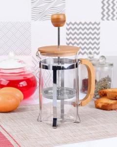 Bambu Kapaklı Cam Bitki Çayı ile Kahve Filtre French Press 600 ml