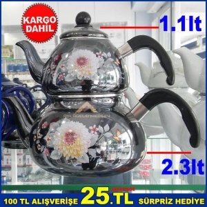 1.Kalite Desenli Lüks Platin Emaye Çaydanlık Seti Alt,Üst