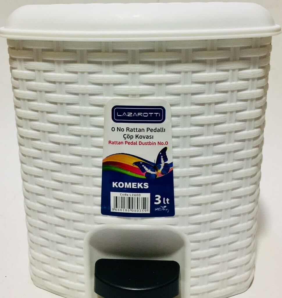 3Lt Rattan Beyaz Hasır Desenli Çıkarılabilen Kovalı Pedallı Çöp Kovası