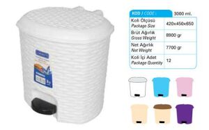 3Lt Rattan Beyaz Hasır Desenli Çıkarılabilen Kovalı Pedallı Çöp Kovası