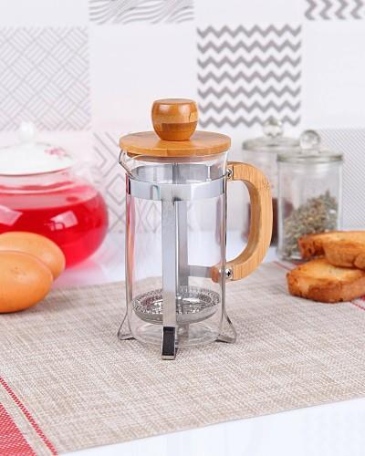 Bambu Kapaklı Cam Bitki Çayı ile Kahve Filtre French Press 350 ml