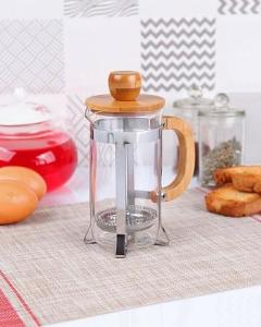 Bambu Kapaklı Cam Bitki Çayı ile Kahve Filtre French Press 350 ml