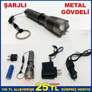 SWIDE METAL GÖVDELİ ŞARJLI 2 YANIŞ MODLU ÖZEL PİLLİ VE ŞARJLI EL FENERİ