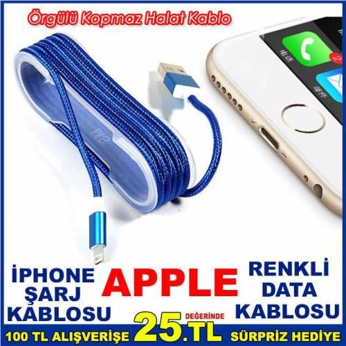 APPLE YENİ İPHONE 5-6 SERİSİ İÇİN RENKLİ İP ÖRGÜLÜ ÇELİK USB KALİTELİ ve HIZLI DATA ŞARJ KABLOSU