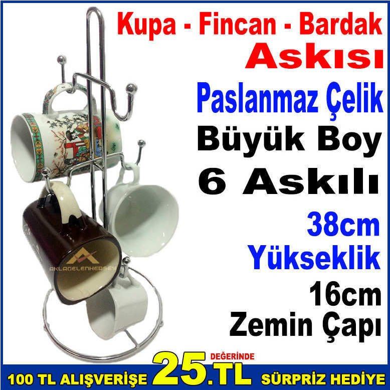 aslanmaz Çelik Krom Kaplama Büyük Boy Kupa,Bardak,Fincan Askısı 6 Adet Askılı 38x16cm Şık Dekoratif