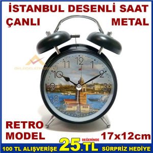 İSTANBUL RESİMLİ METALGÖVDELİ ALARMLI MASA SAATİ