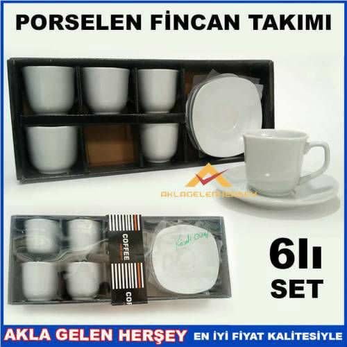 KENDİNDEN DESENLİ DÜZ BEYAZ PORSELEN KAHVE FİNCAN TAKIMI KÖŞELİ OVAL ÜCRETSİZ KARGO