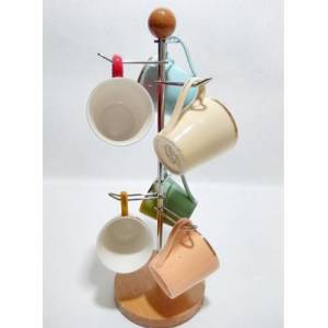 Ahşap Tabanlı Paslanmaz Çelik Fincan-Kupa Askısı