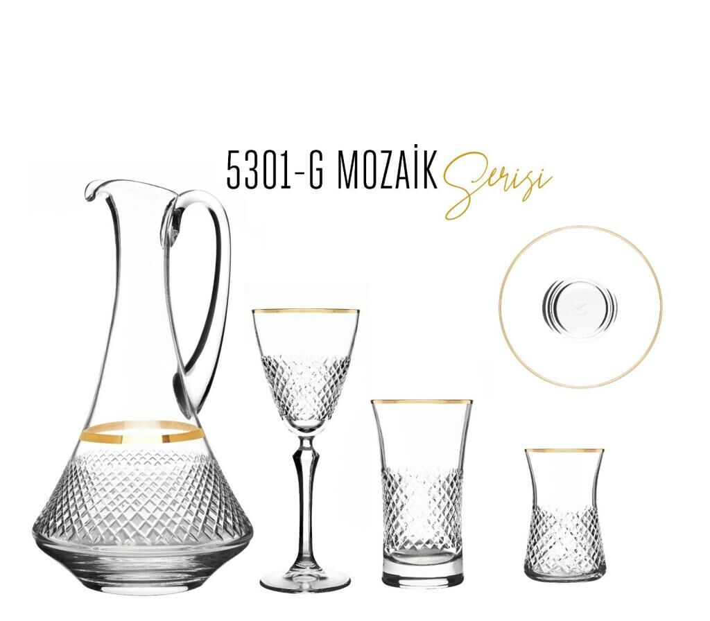 MCS5301 Altın 49 Parça 12 Kişilik Mozaik Desenli Cam Bardak Seti