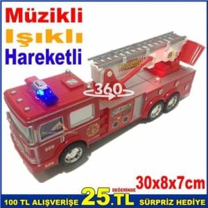 SESLİ IŞIKLI HAREKETLİ İTFAİYE ARABASI 360º DÖNER UZUYAN MERDİVENLİ İTFAİYE ARABASI 30x8x7cm
