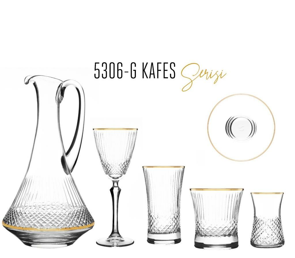 MCS5306 Altın 31 Parça 6'lı Asitli Kafes Desenli Cam Bardak Seti