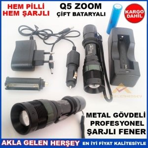Ücretsiz Kargo Q5 ÇİFT BATARYALI PROFESYONEL ŞARJLI EL FENERİ