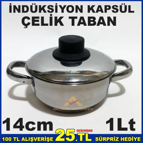 14cm Çelik Tencere İndüksiyon Çelik Kapsül Taban 1 Litre Mini Çelik Tencere - Sos Tenceresi
