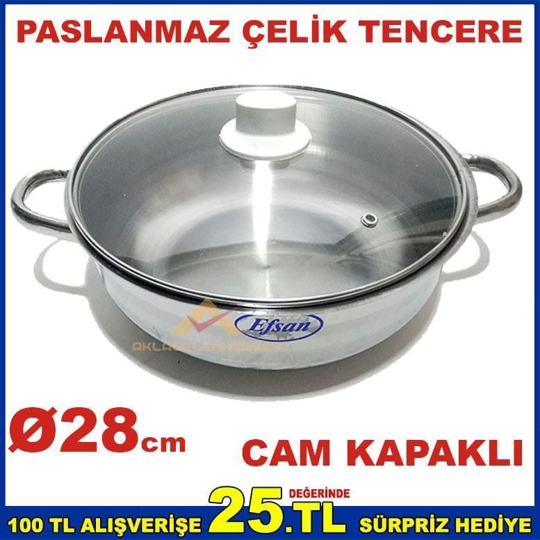 ÖZEL TABANLI CAM KAPAKLI ÇELİK TENCERE 28cm